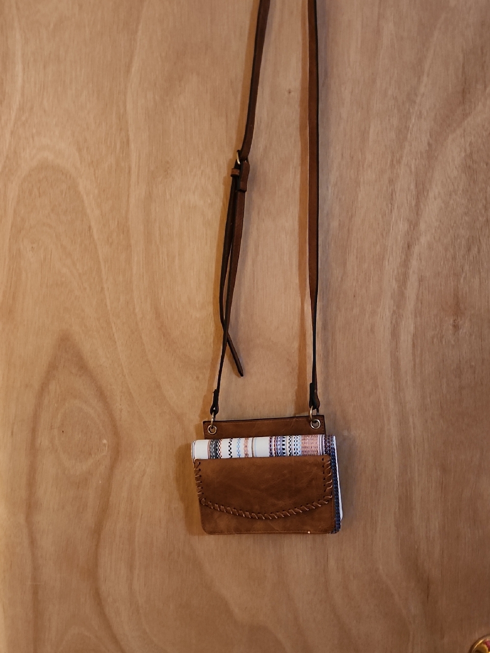 Compact Brown Faux Leather Crossbody Bag with Woven Accent